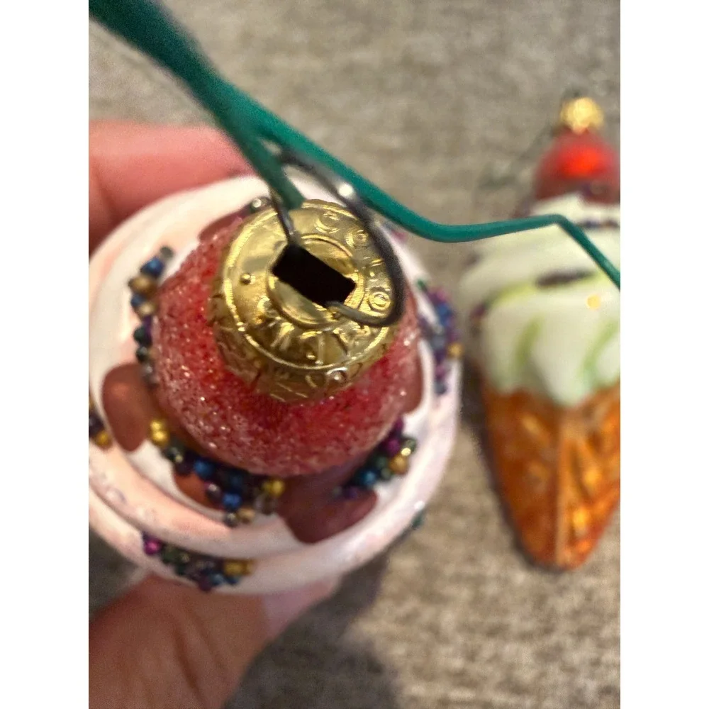 Glass Ice Cream Cone Christmas Ornaments Pink Green Glitter Sprinkles Set of 2